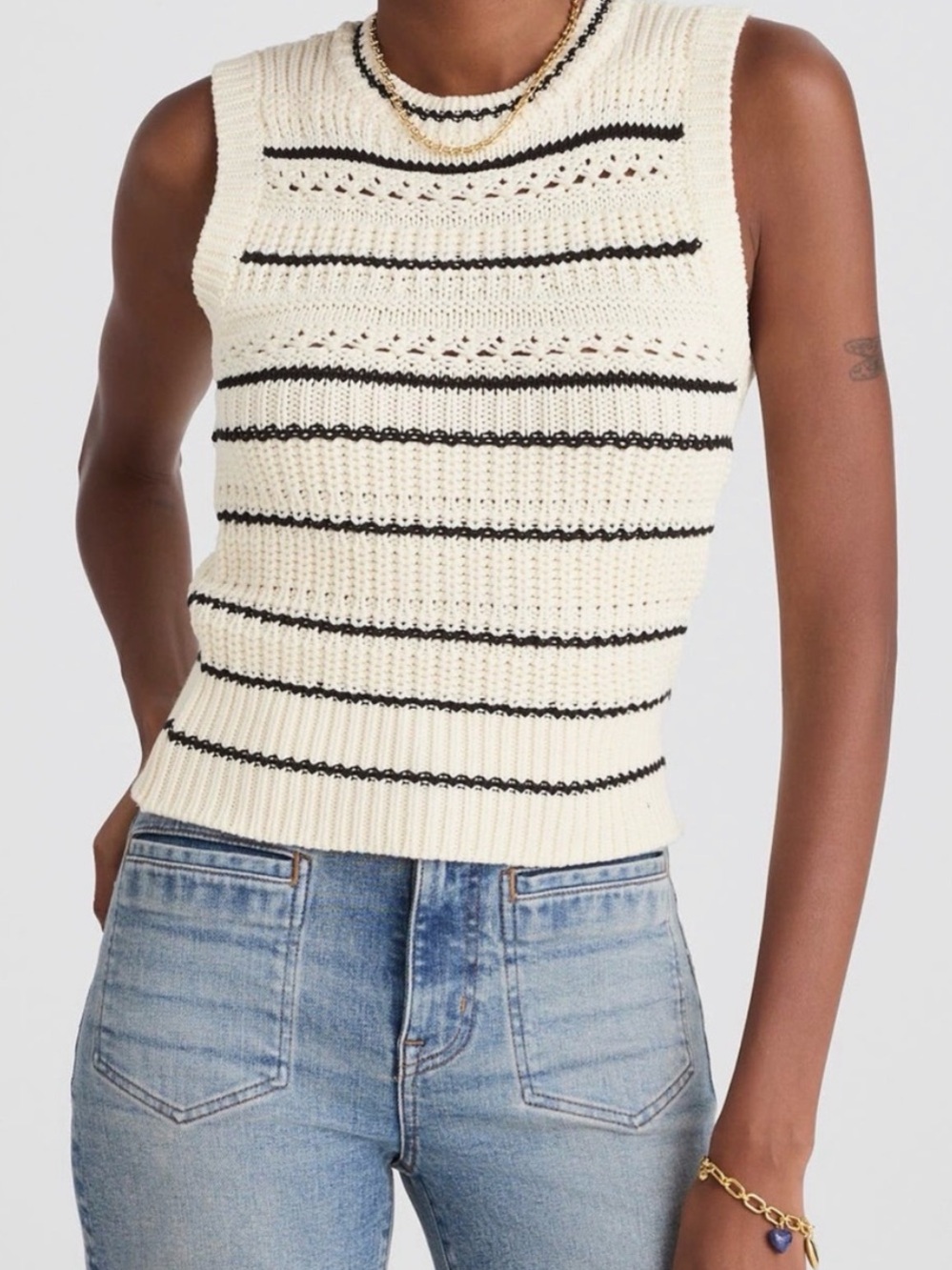 Madewell Tipped Stitch Femme Ellis Cream/Black Striped Knit Vest Medium